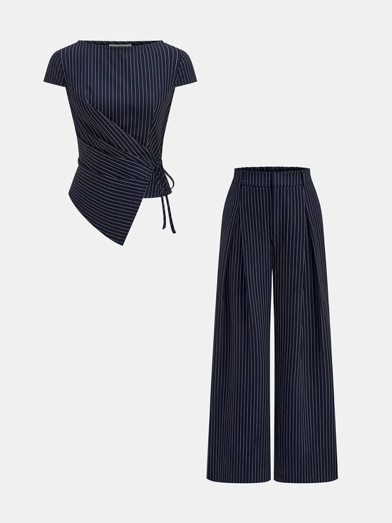 Commense Pants - Commense Pinstripe Wrap Tie Top & Wide-Leg Pants Set in Navy size Large. NWT